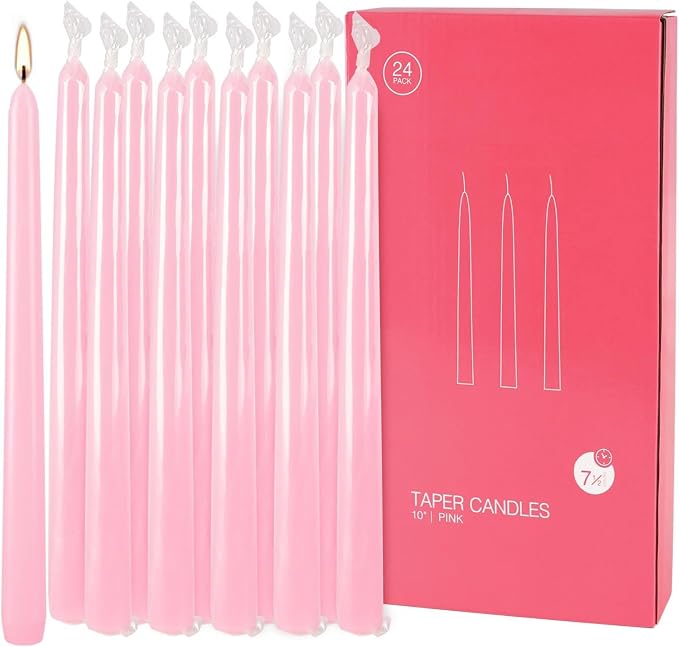 YOROXRG 24 Pack Pink Taper Candles, 7-8 Hours Burn Time, Unscented, Smokeless and Dripless, 0.75 x 10 Inch Dinner Candle Set for Valentine's Day,Household, Wedding, Party and Home Décor Candlesticks