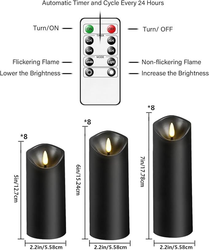 kakoya Flickering Flameless Candles, Battery Operated Plastic LED Pillar Candles with Remote Control and Timer, Set of 24 (Black)