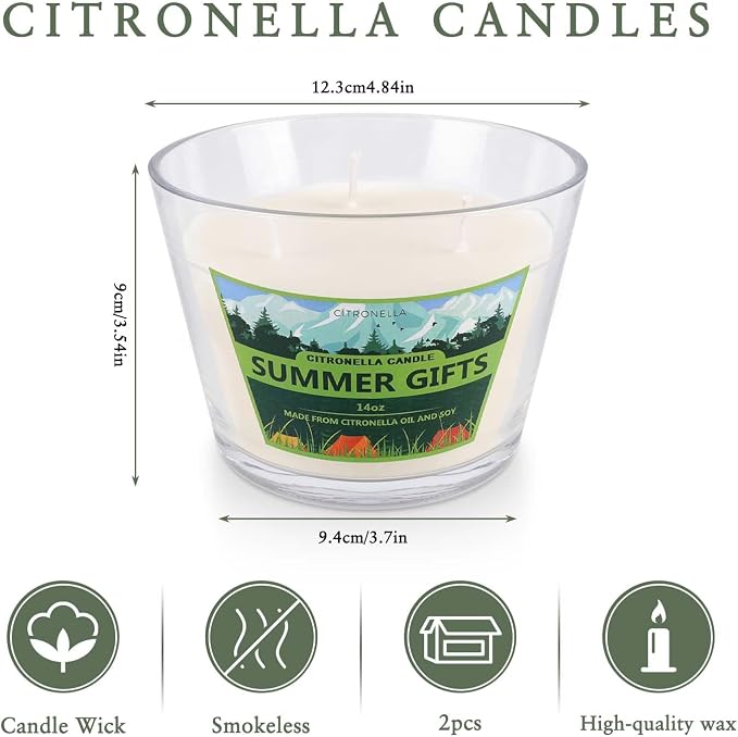2 Pack 3-Wick Glass Cup Citronella Candles(14oz), Natural Soy Wax Clean Burning & Smokeless,citronella Scented Candle & Outdoor Candle,Camping Bar Counter Yard, Summer Gift.