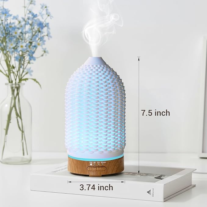 VICTORIA AROMA Ultrasonic Essential Oil Diffuser 100ML 3D Printing Ceramic - Cool Mist Humidifier, 7-Color LED Lights, 3 Timer & Auto Shut-Off, Ideal Gift for Home Bedroom Office (White)