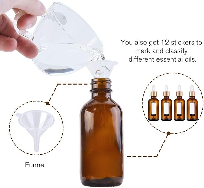 PrettyCare 2 oz Dropper Bottles, 4 Pack Amber Glass Bottles 60ml with Golden Caps, 12 Labels, Funnel & Measured Pipettes-Empty Tincture for Essential Oils & Skincare