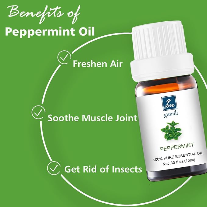 GM Gumili Peppermint Essential Oil - 100% Pure Natural Oil for Aromatherapy Diffuser, Room Spray, Skin Care, Hair Growth & Cooling Relief - 10mL Glass Bottle