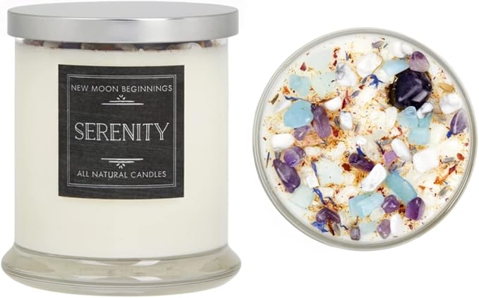 Lavender Chamomile Candle by New Moon Beginnings - Calming Energy Candle - Crystal Candle & Herb Candle - Aromatherapy Candle - Essential Oil Candle (12 Ounce Round Glass)