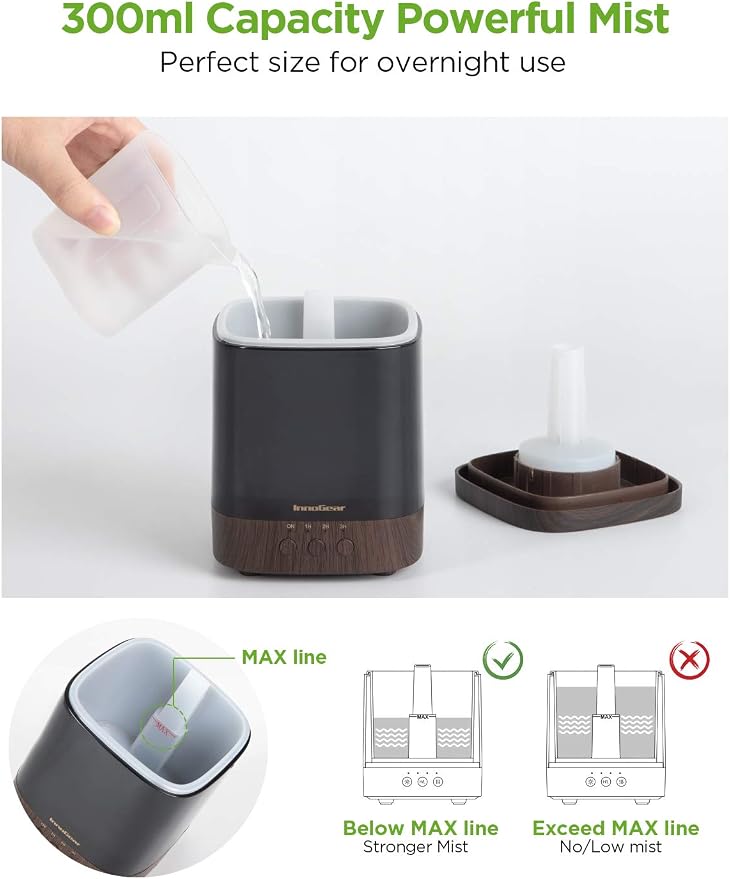 InnoGear Diffusers for Essential Oils, 300ml Oil Diffuser Aromatherapy Diffusers Aroma Ultrasonic Cool Mist Humidifier 4 Timers Color Changing Lights Auto-Off, Brown