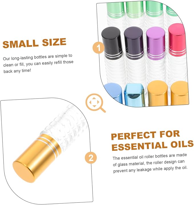 NOLITOY 12pcs 5ml Roll-on Bottles Refillable Glass Essential Oil Bottles Mini Perfume Kit Portable for Travel and Aromatherapy Random Color