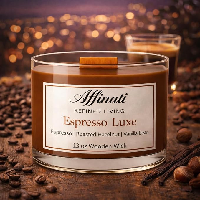 Affinati Espresso Luxe Wooden Wick Candle – Premium Wooden Bowl, 13 oz