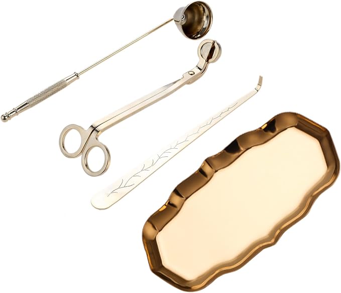 MUXSAM Candle Accessory Set Gift Box, Exquisite Wave Storage Tray Plate, Candle Wick Trimmer, Bell Candle Wick Snuffer, Candle Wick Dipper, 4-in-1 Candle Care Toll Kit for Scented Candle Lover, Gold