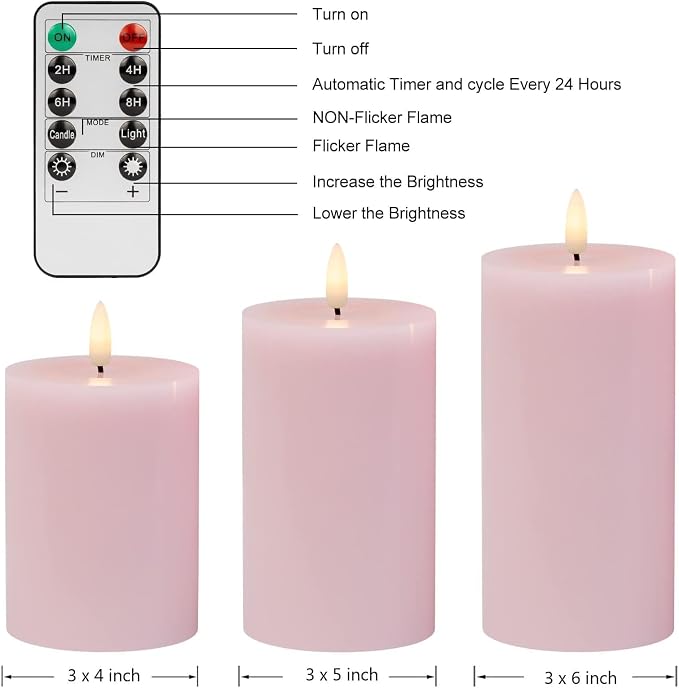 ANGELLOONG Pink Flameless Candles with Remote and Timer, Set of 3 Real Wax LED Pillar Candles Battery Operated Fake Candles for Pink Christmas Decor, Bedroom Bathroom