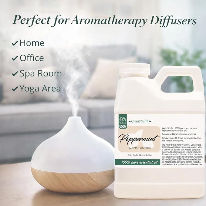 GreenHealth Peppermint Essential Oil 16 fl oz (473 mL) - 100% Pure Mentha Arvensis Oil for Diffusers, Candle Making, Soap Making, DIY Blends, Home Fragrance