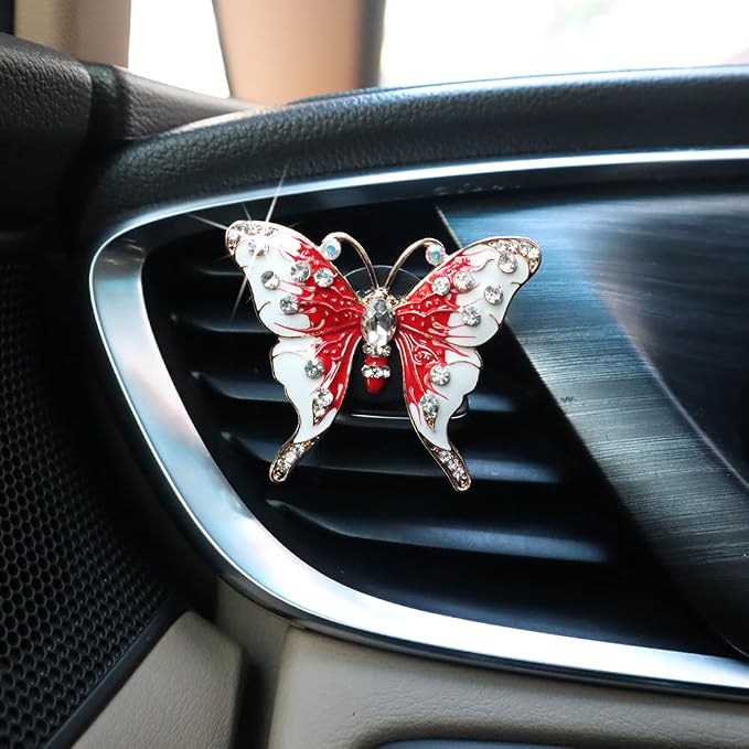 ORIESSE 2pcs Red Butterfly Car Air Freshener Vent Clips Bling Car Accessories for Women Refillable Scents Diffusers