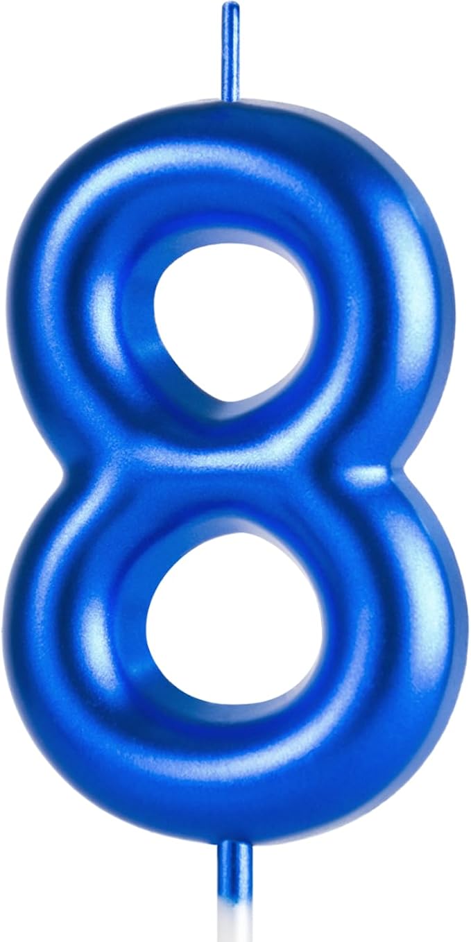 2.76“ Large 8 Birthday Candle, Three Candle for 8th Birthday Boy, Number 8 Candle for Boys Blue Theme Birthday Party Decorations, Blue Birthday Candles for Emo Birthday Decorations
