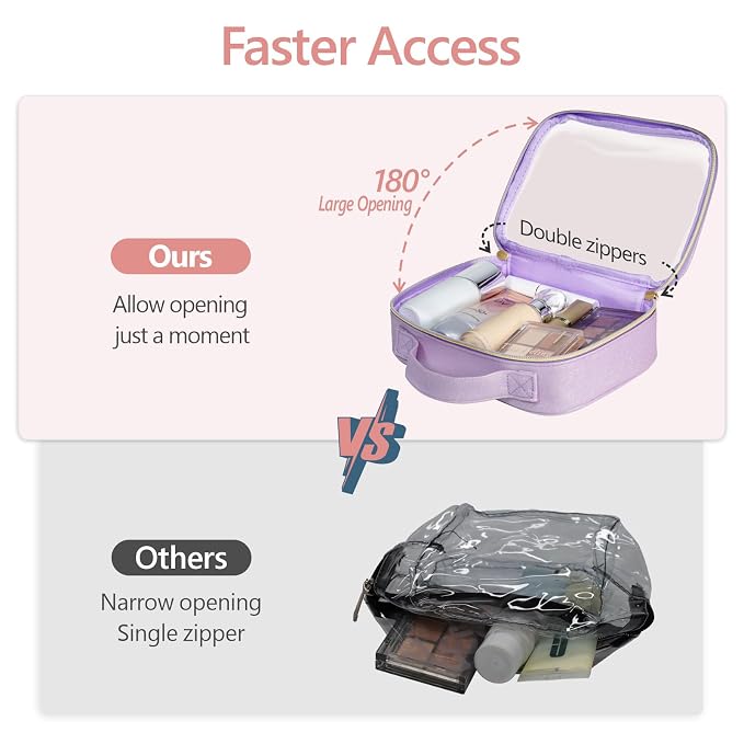 PACKISM Glitter Texture TSA Approved Toiletry Bag Set, Style Clear Makeup Bag with Handle, 1 TSA Medium & 1 Large for Travel, Gift for Women, Purple