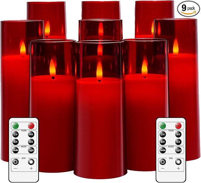 kakoya Flickering Flameless Candles Battery Operated with Remote and 2/4/6/8 H Timer Plexiglass Led Pillar Candles Pack of 9 (D2.3 xH5.5 6.5" 7.5") with Realistic 3D Wick Candles for Home Decor(Red)