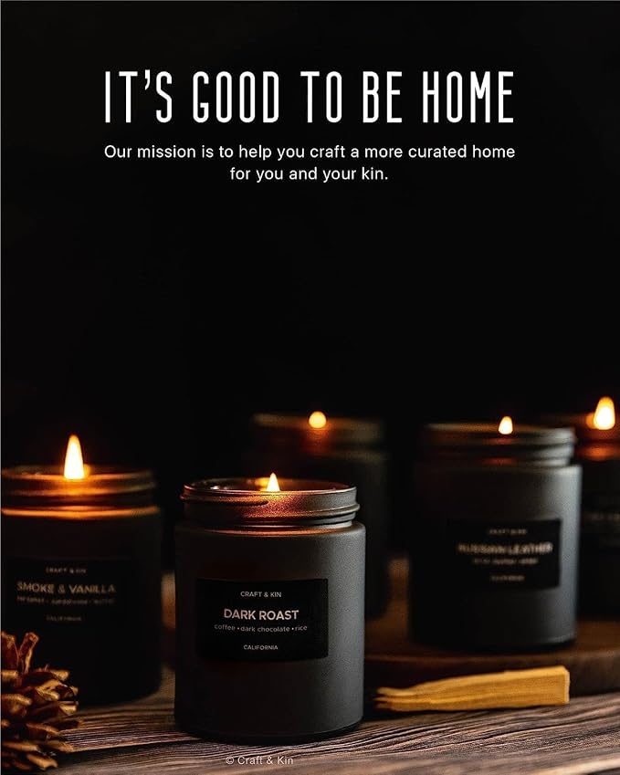 Craft & Kin Premium Dark Roast Coffee Scented Candle – Long Lasting, 45 Hour Burn Time – Luxury Black Natural Soy Scented Candle for Men with Wood Wick – Room Decor and Aromatherapy – 7.6 oz