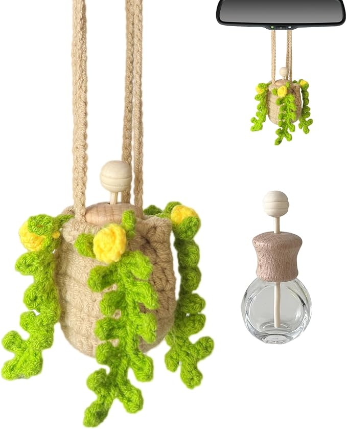 Handmade Crochet Car Essential Oil Diffuser, 10ml Essential Oil Bottle Refillable with Hanging Crochet Rose Ornament for Car Rear View Mirror, Home Office Air Freshener Decor