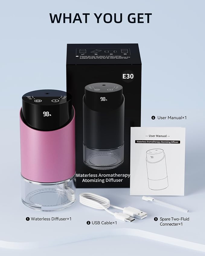 Waterless Essential Oil Diffuser Aromatherapy Scent Diffusers for Home Large Room, Bedroom, Car, Office, Battery Operated Mini Portable Air Freshener, 3 Countdown Timers & 3 Mist Levels