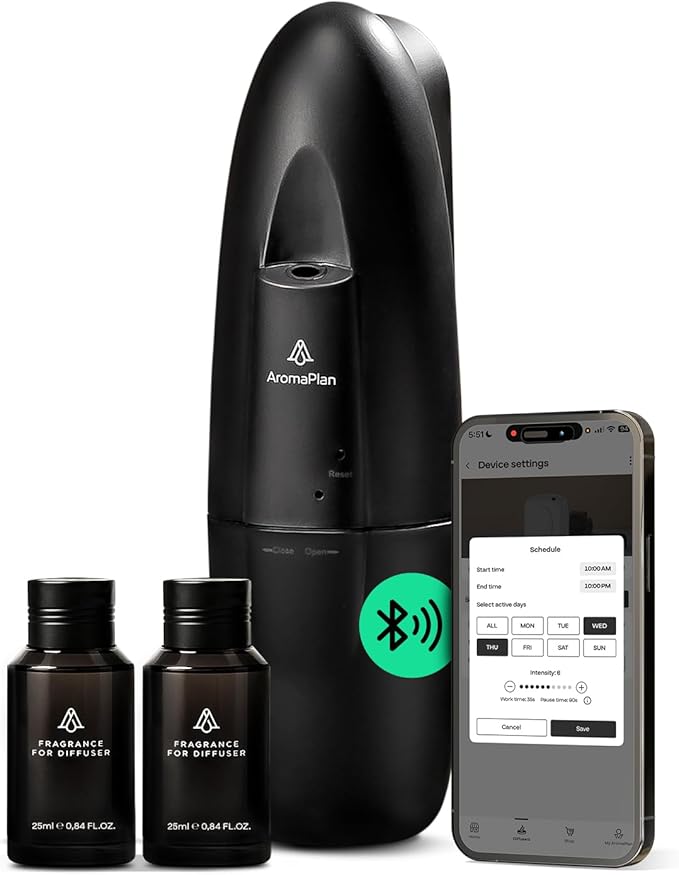 AromaPlan 5 Star Collection Plug in Diffuser (2 Fragrances Included)-Cold Air & Waterless Diffusers for Home & Office- Silent Wall Diffuser Plug in, Bluetooth App Control, 500 sq. ft (Black)