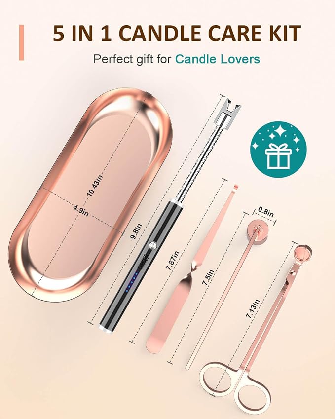 5 in 1 Candle Care Kit, Elegant Candle Wick Trimmer Set, Candle Lighter Set, Candle Snuffer, Candle Tray, Candle Wick Dipper, Candle Accessories Set for Candle Lover (Rose Gold)