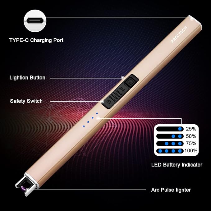 ARECTECH Electric Candle Lighter with Type-C Cable Rechargeable Plasma Arc Lighter for Candle Camping Kitchen Stove Birthday Gift for Man Women Wife Gold