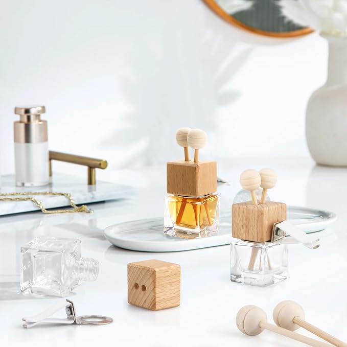50 Pack,8ml Clear Glass Car Air Freshener Perfume Clip Diffuser,Empty Essential Oil Perfume Vials Diffuser Vent Outlet,Thick Auto Glass Ornament with Wooden Caps,Stick for Car Scent Fragrance