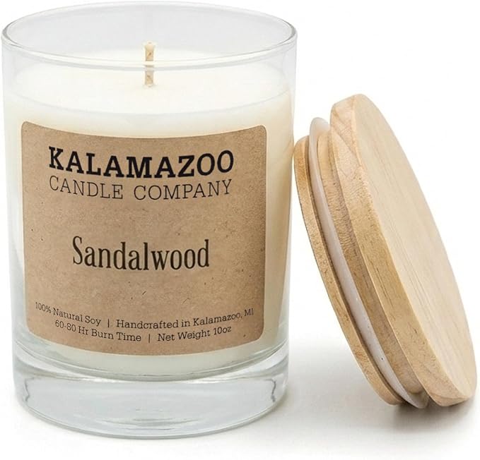 Kalamazoo Candle Company Hand-Poured Soy Wax Candle – 10oz Classic Jar, 60-80 Hour Burn Time – Made in USA, Highly Scented, Phthalate-Free (Sandalwood)