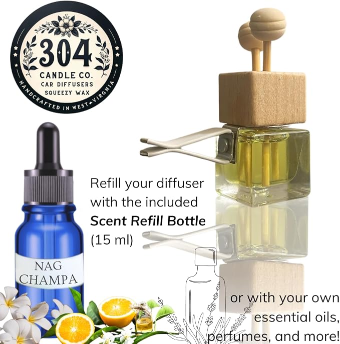 Cute Refillable Car Air Freshener Vent Clip 8mL – Nag Champa – 15mL Refill Included – Long Lasting Fragrance Oil Diffuser – 100% American Handmade Odor Eliminator