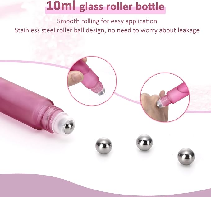 Kesell 10 Pack - 10ml Refillable Frosted Glass Roller Bottles Vials with Stainless Steel Roller Ball and Aluminum Cap - Pink Color