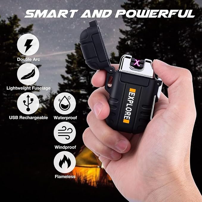 LcFun Fathers Day Dad Gifts Electric Lighter Windproof Dual Arc USB Rechargeable Flameless Plasma Lighters Waterproof Matches for Camping Hiking Survival Tactical Gear Birthday Gifts for Men
