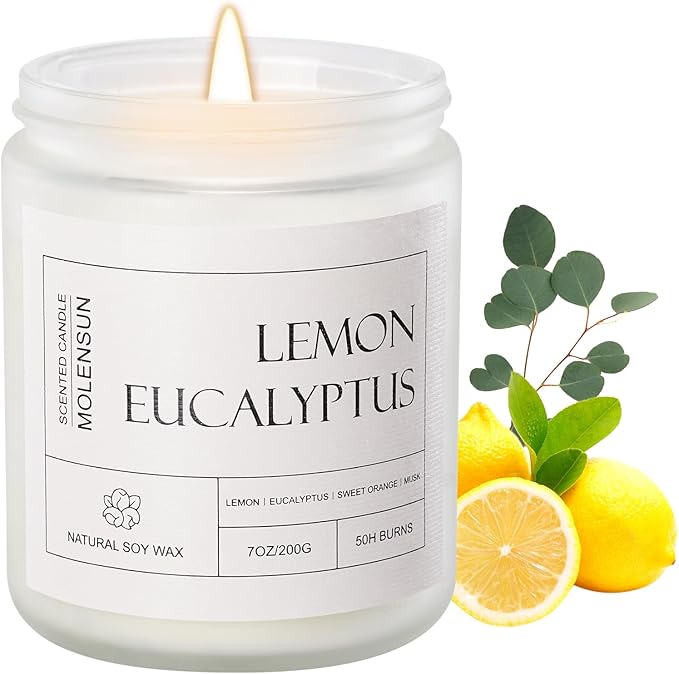 Molensun Lemon Eucalyptus Scented Candles, Aromatherapy Jar Candle, 7 oz Long Lasting Candles, Soy Wax Candle Gift for Women