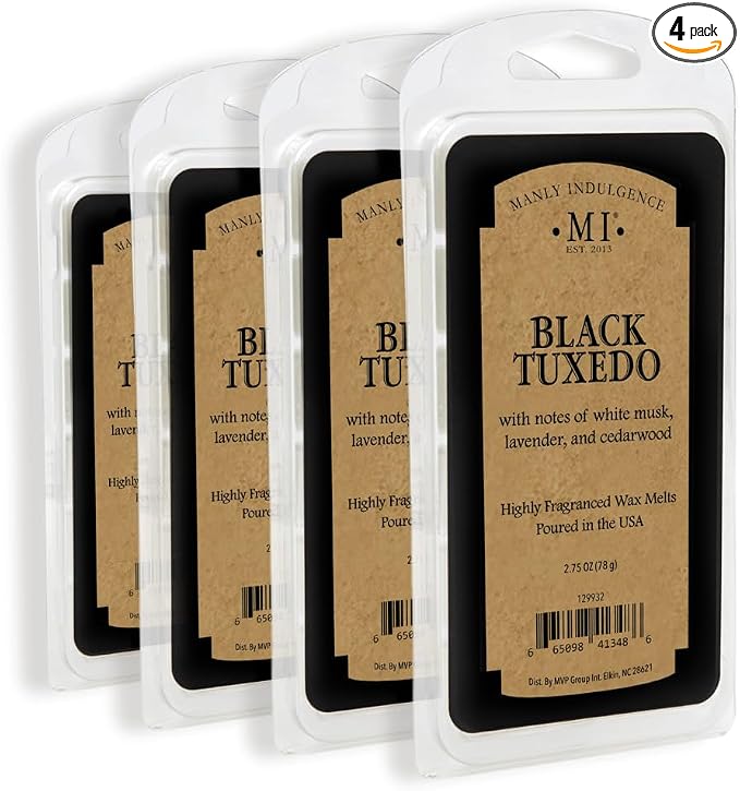 Manly Indulgence Black Tuxedo Scented Wax Melts, Wax Melt Warmer Cubes, Long Lasting Scented Wax Warmer Cubes, 4 Pack, 6 Cubes Each - Made in The USA