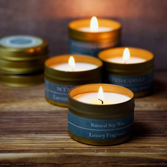 DEYBBY Natural Soy Wax Scented Candles 4 Pack 4oz Gift Set-Lavender, Vanilla, Lemon, Ocean Breeze Aromatherapy | 20 Hours Long Lasting Burning Travel Tin Candles for Stress Relief Relaxation BathYoga