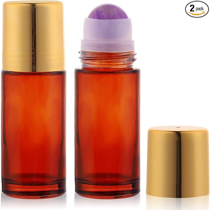 2 pack Large Amber Glass Roll on Bottles for Essential Oils Perfume Refillable Roller Ball Applicator Empty Deodorant Containers with Purple Crystal Rollerball
