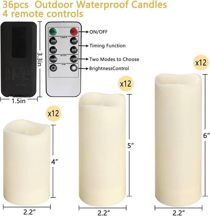 36 Pack Waterproof Flameless LED Candles - Outdoor Battery Operated Candles with Remote & Timer, Realistic Flickering Flame, Safe for Porch, Patio, Weddings, Parties & Home Decor