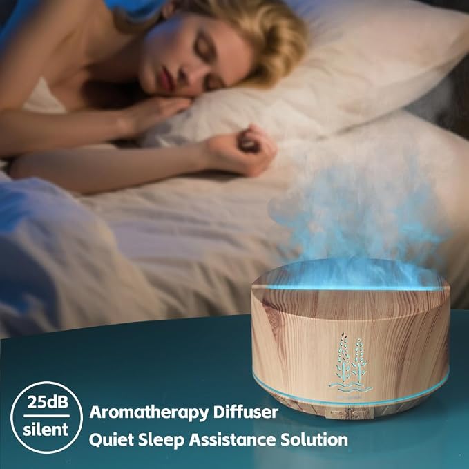 Ultrasonic Essential Oil Diffuser 500ml, Wood Grain Aromatherapy Diffuser with 7 Colors Flame Night Light, 32H Cool Mist for Home Bedroom Large Room Office