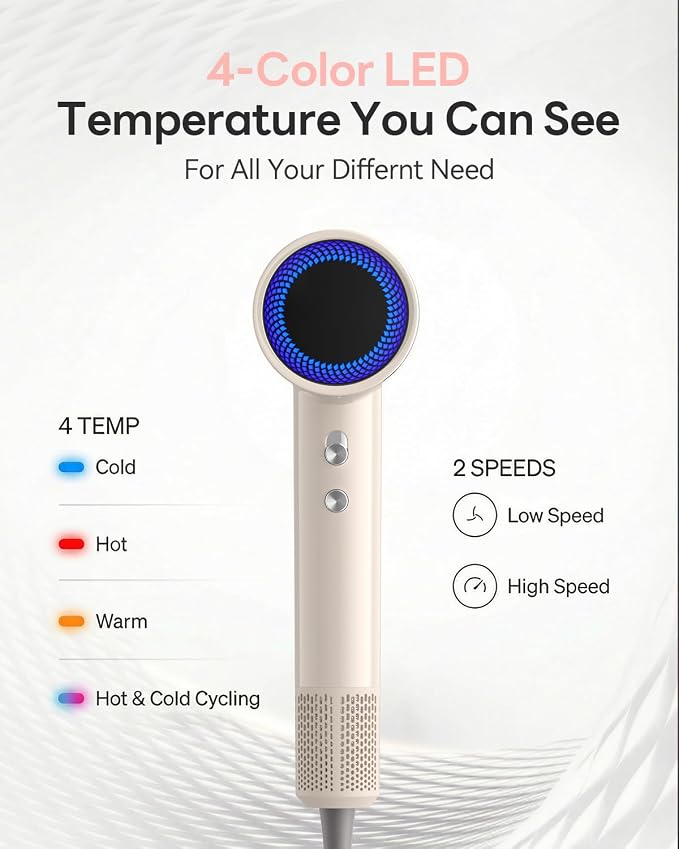 Blow Dryer, 160000RPM Brushless Motor Blow Dryer with 500M Negative Ions Fast Drying Hairdryer, Thermo-Control Low Noise Compact Hair Dryer with 2 Magnetic Nozzles for Curly or Straight Hair