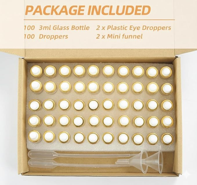 Small Dropper Bottle 3ml – 100pcs Clear Glass Bottles with Golden Collar for Essential Oils, Serums, Perfume Samples, Crafting, DIY Skincare, Travel