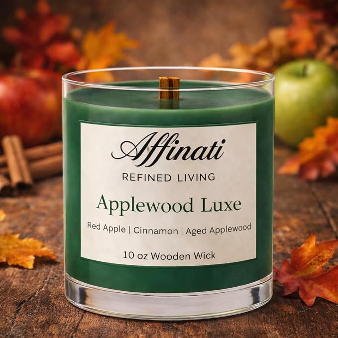 Affinati Applewood Luxe Scented Candle, 10 oz Wooden Wick Tumbler Jar – Highly Fragrant Crisp Red Apple & Wood Aromatherapy, Orchard Soy Gift