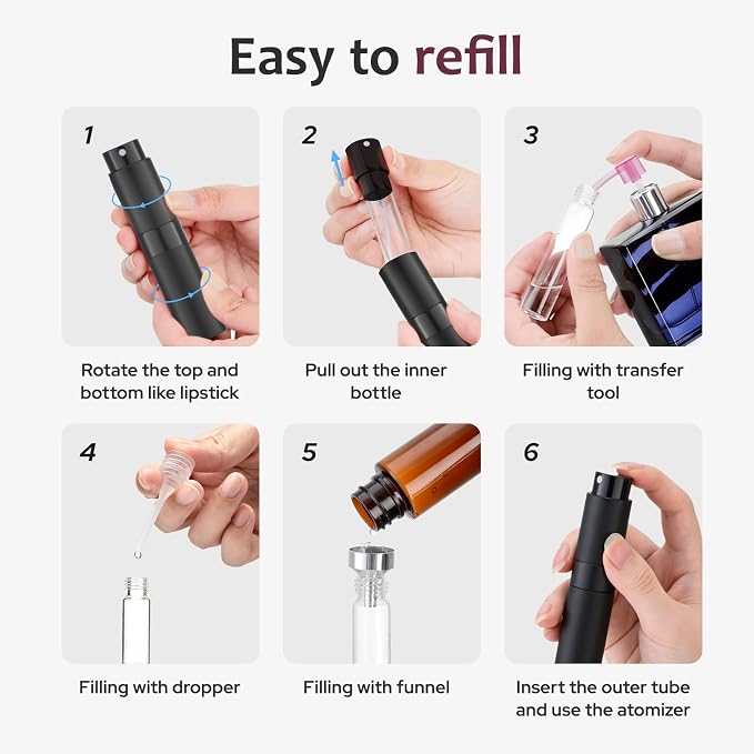 LISAPACK 8ML Atomizer Perfume Spray Bottle for Travel (3 PCS) Empty Cologne Dispenser, Portable Sprayer Travel Essentials for Men and Women (Black)