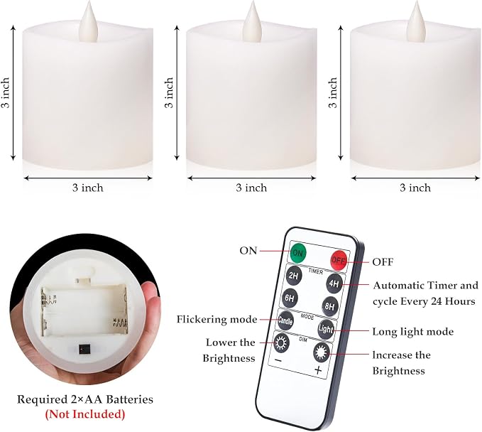 Flameless Candles with Flickering Flame & Remote - 3×3'' Battery Operated LED Pillar Candles, Smokeless Fake Candles for Indoor Use - Realistic 3 Inch Drip-Free Candles with Timer (White, 3-Pack)
