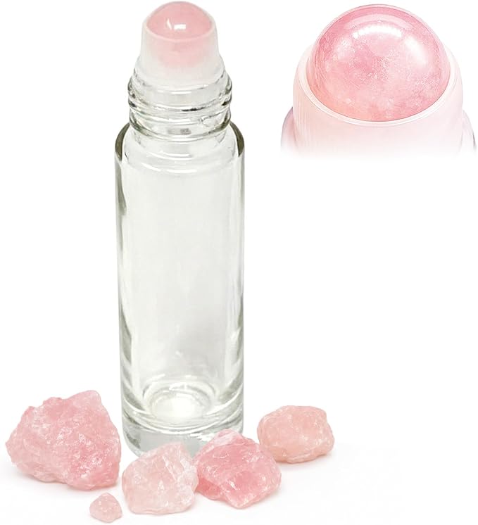 Rose Quartz Roller Ball Bottle for Castor Oil - 10ml Refillable Empty Glass Roll-On for Essential Oils, Organic Castor Oil, Perfume & Skincare - Leak-Proof Travel Size Quartz Stone Rollerball (1pc)