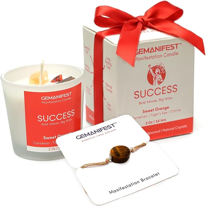 Success Manifestation Crystal Candle with Tigers Eye Bracelet for Career Business Exams Interviews Orange Scented Soy Wax for Motivation Gifts for Students Entrepreneurs and Goal Setters