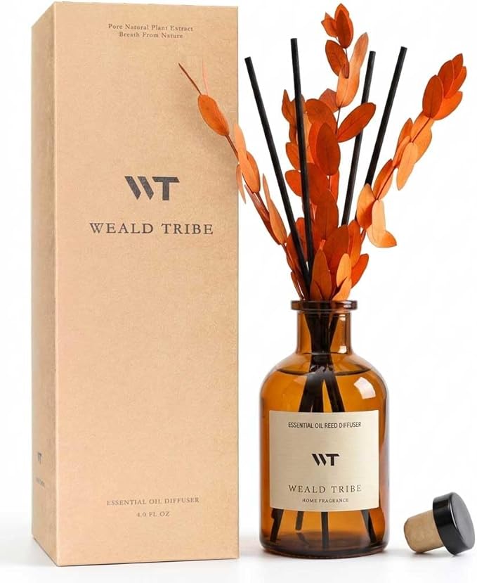 WEALD TRIBE Reed Diffuser Set for Bathroom Air Fresheners, Oil Diffuser Sticks | Sandalwood & Ebony Scent 4.0 fl oz Home Fragrance with Sticks Defusers | House Bedroom Office Shelf Decor