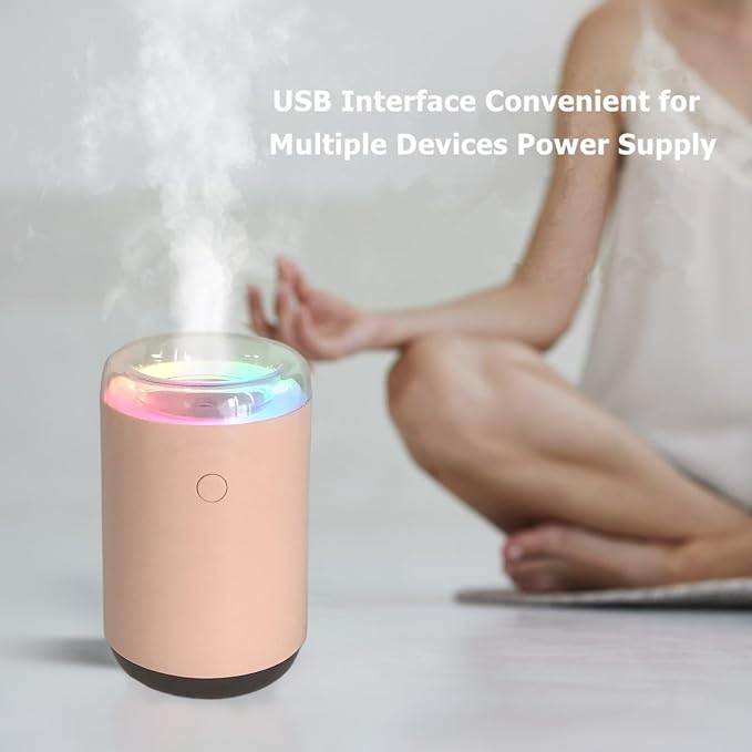 Portable Desk Car Mini Humidifier with Colorful Light, 2 Light Modes, Quiet Personal Ultrasonic Humidifier for Desktop, Bedroom, Car, Travel, Plant (Pink)
