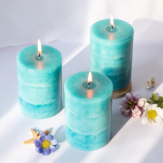 Pillar Candles Ocean Breeze Scented 3x4 inch Aqua Green Candle Clean Burning Smokeless Dripless Candles for Home Scented, Dinner Table, Fireplace Coastal Ocean Bathroom Decor - 3 Pack
