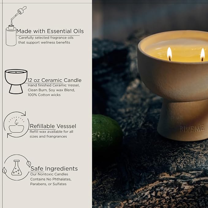 Blueme Nostalgia Candle | Bergamot & Musk | 2 Wick - Refillable Wellness Candle with Essential Oils, Hand Finished & Poured Soy Wax Blend Ceramic Vessel, Natural Cotton Wicks | Medium 12 oz
