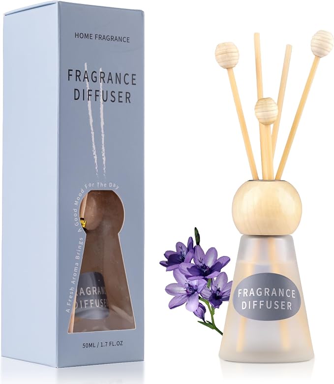 Reed Diffuser Set, Blue Bell Scent with Reed Sticks, 1.7 fl oz / 50ml Cone-Shaped Bottle with Round Wooden Cap, Ideal for Bathroom, Bedroom, Office, Home Fragrance for Shelf Decor Air Freshener Gift