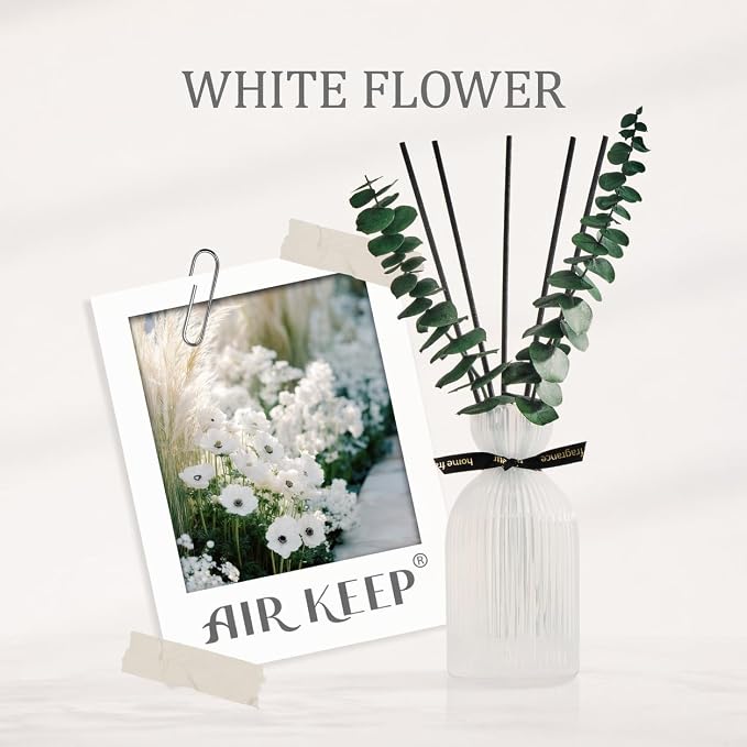 Airkeep Reed Diffuser Set 6.76 oz – White Flower Decorative Home Fragrance with Eucalyptus Sticks, Ribbed Glass Diffuser for Bathroom & Bedroom Décor, Gift Ready