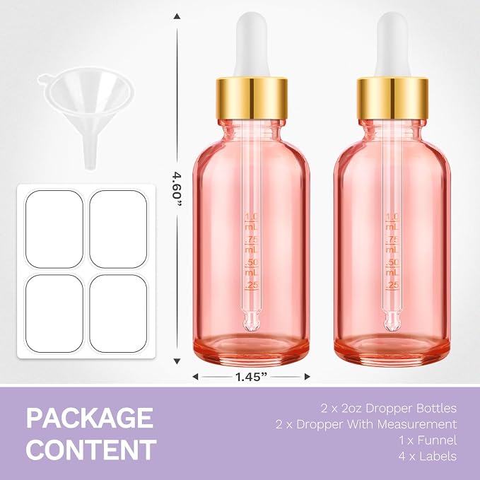 Bumobum 2 oz Glass Dropper Bottles, 2 pack Pink Lab dispensing Bottles for Essential Oils with Funnel, Labels & Pipette, Eye Tincture Bottle with Measured Dropper