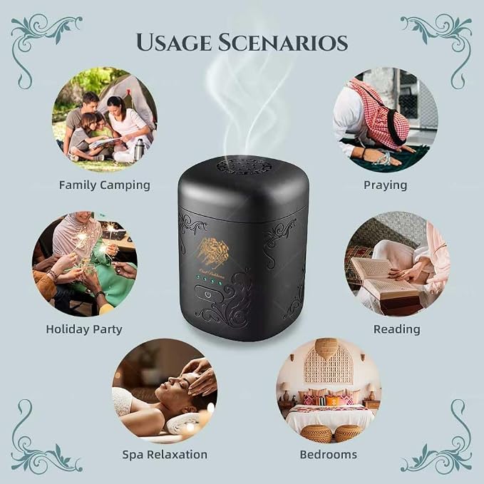 Mini Portable USB Smart Incense Burner, Rechargeable Arabic Oud Burner, Electronic Bukhoor Diffuser with LED Battery Indicator, Compact Aroma Diffuser for Home, Office, Car (Black)
