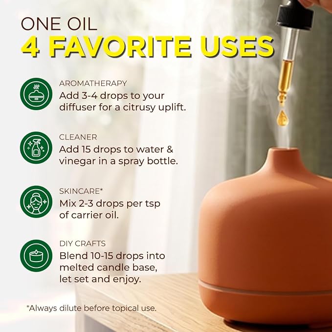100% Pure Orange Essential Oil - 4 Fl Oz - Orange Oil for Hair, Skin, Diffuser, Aromatherapy & DIY Candle Making Scent